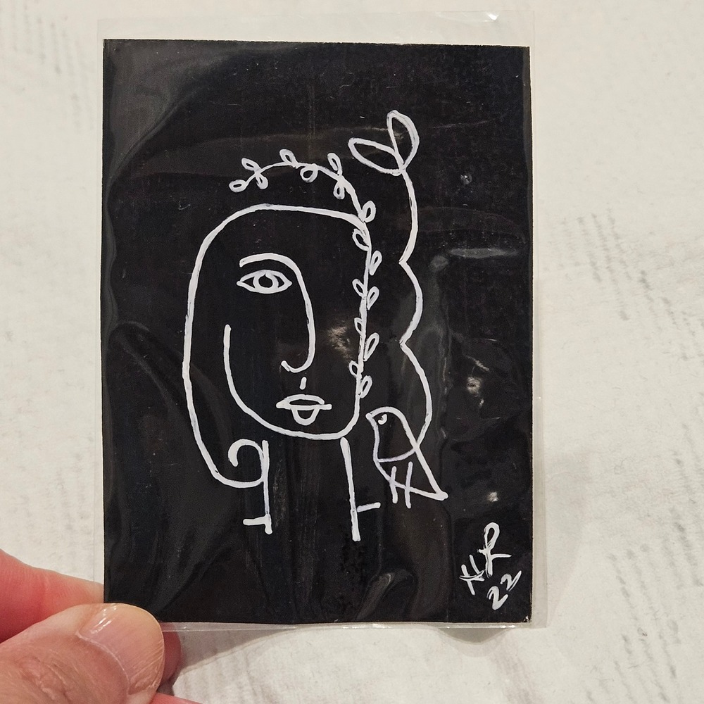 Original Art ACEO Black White Line Drawing Lady & the Bird Signed 2022 Abstract